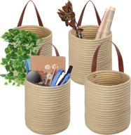 🧺 tomcare set of 4 hanging baskets - small woven storage baskets with leather handles, jute woven hanging storage baskets - ideal for plants, kitchen, office, and bedroom organization логотип