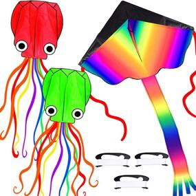 img 4 attached to 3-Pack Kites for Kids and Adults - Easy to Fly, Giant 3D Octopus and Rainbow Kites - Large Kites for Kids Ages 8-12 - Includes Easy Flyer Kite String Spool with Reel - Perfect Beach Toy Gift for Boys and Girls