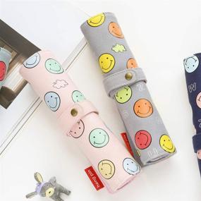 img 3 attached to 🎒 Convenient Smiley Pink Pencil Wrap Roll Bag: A Portable Pen Case Stationery Pouch for Students