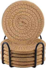 img 4 attached to 🍻 Premium Handmade Vintage Woven Coasters for Drinks with Holder - Heat-Resistant, Water Absorbent & Table Protection - Set of 6 in Brown