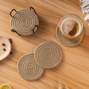 img 3 attached to 🍻 Premium Handmade Vintage Woven Coasters for Drinks with Holder - Heat-Resistant, Water Absorbent & Table Protection - Set of 6 in Brown