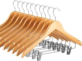 img 4 attached to 👔 Premium Wooden Suit Hangers with Clips (Set of 10) – Smooth Solid Wood Pants Hangers w/ Durable Adjustable Metal Clips, 360° Swivel Hook, Shoulder Notches for Dress, Coat, Jacket, Blouse