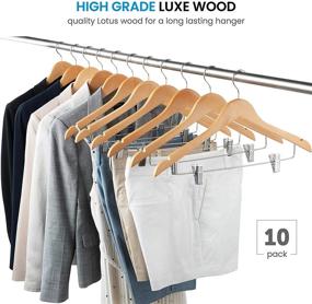 img 1 attached to 👔 Premium Wooden Suit Hangers with Clips (Set of 10) – Smooth Solid Wood Pants Hangers w/ Durable Adjustable Metal Clips, 360° Swivel Hook, Shoulder Notches for Dress, Coat, Jacket, Blouse