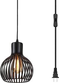 img 4 attached to 💡 Vintage Black Metal Hanging Lamp Fixture - Riomasee Industrial Wire Cage Plug in Pendant Light with On/Off Switch, 14.27 Ft Hanging Light Cord