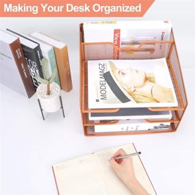 img 3 attached to 🌹 Stylish Rose Gold Meshist Desk Organizer with 3 Letter Trays & Upright Section – Ideal for Home Office Supplies and Desk Accessories