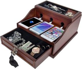 img 2 attached to Elora Arolly Wood Finish Mahogany Valet Charging Station Organizer: iPhone, Samsung & Smart Phone Compatible