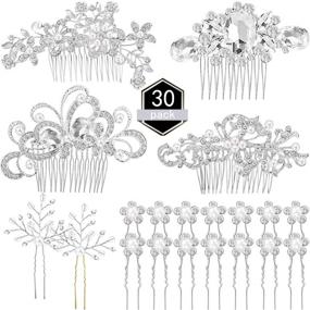 img 4 attached to 💍 Wedding Bridal Hair Accessories Set - 30 Pieces with 4 Rhinestone Wedding Hair Side Combs, 2 Silvery U-shaped Hair Clips, and 24 Imitation Pearl Hairpins