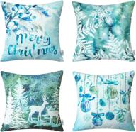 ashler blue snowflake and reindeer merry christmas throw pillow covers - set of 4 decorative cushion covers, 18 x 18 inch, holiday pillowcases логотип