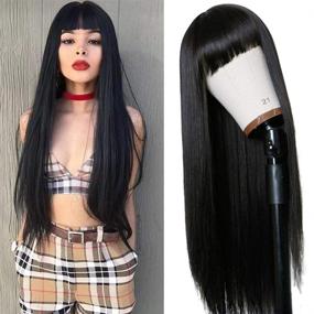 img 3 attached to 💁 TIMANZO Long Straight Remy Hair Wig: Heat Resistant Full Machine Wig with Bangs for Fashion Women - 24 Inches Natural Black Hair