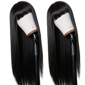 img 2 attached to 💁 TIMANZO Long Straight Remy Hair Wig: Heat Resistant Full Machine Wig with Bangs for Fashion Women - 24 Inches Natural Black Hair