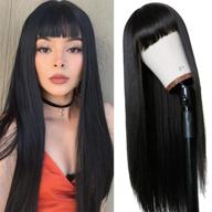 💁 timanzo long straight remy hair wig: heat resistant full machine wig with bangs for fashion women - 24 inches natural black hair logo