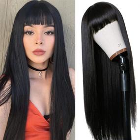 img 4 attached to 💁 TIMANZO Long Straight Remy Hair Wig: Heat Resistant Full Machine Wig with Bangs for Fashion Women - 24 Inches Natural Black Hair