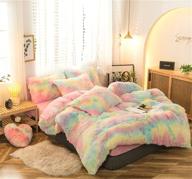 ✨ plush shaggy duvet cover set - luxurious ultra soft crystal velvet bedding 3-piece set (1 faux fur duvet cover + 2 faux fur pillow cases), zipper closure - queen size, rainbow pink logo