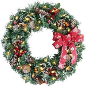 img 4 attached to 🎄 Realistic 18" Artificial Christmas Wreath for Front Door - Winter Holiday Decor with Snowflakes, Pine Cone, Berries, and Warm Lights