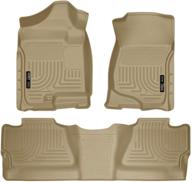 husky liners - 98203 weatherbeater front & 2nd seat floor mats (tan) - fits 2007-13 🐺 chevrolet silverado/gmc sierra 1500 crew cab, 2007-14 chevrolet silverado/gmc sierra 2500/3500 crew cab - enhanced footwell coverage logo