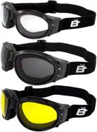 three (3) pairs birdz eagle padded motorcycle goggles: multi-weather day and night riding comfort with clear, smoke, and yellow lenses logo
