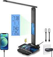 💡 black foldable led desk lamp with fast wireless charger, usb charging port, clock alarm date temperature. multiple lighting modes, dimmable lighting for home office логотип