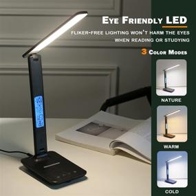 img 2 attached to 💡 Black Foldable LED Desk Lamp with Fast Wireless Charger, USB Charging Port, Clock Alarm Date Temperature. Multiple Lighting Modes, Dimmable Lighting for Home Office