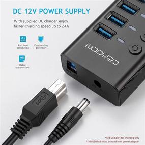 img 1 attached to Aluminum USB Expander Hub, 5 Extra USB Ports for Laptops & PC, Powered USB Hub with 4 USB 3.0 Ports, 1 Max 2.4A Charging Port, 12V Power Adapter, 3.3ft Long Cable, Individual Switches - Black