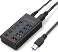 aluminum usb expander hub, 5 extra usb ports for laptops & pc, powered usb hub with 4 usb 3.0 ports, 1 max 2.4a charging port, 12v power adapter, 3.3ft long cable, individual switches - black logo