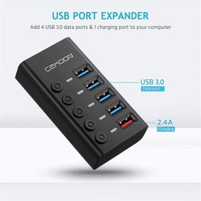 img 3 attached to Aluminum USB Expander Hub, 5 Extra USB Ports for Laptops & PC, Powered USB Hub with 4 USB 3.0 Ports, 1 Max 2.4A Charging Port, 12V Power Adapter, 3.3ft Long Cable, Individual Switches - Black