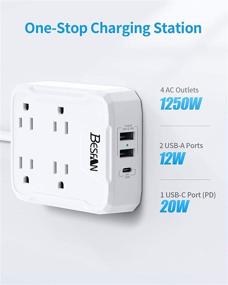 img 3 attached to Блок розеток BESFAN с функцией Power Delivery и USB C (20 Вт), удлинитель с 4 выходами, 2 портами USB-A и 1 портом USB-PD, плоский шнур с 4.6 фута для путешествий, дома и офиса