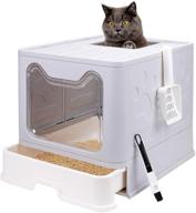 large grey foldable cat litter box with lid - enclosed potty for cats, top entry anti-splashing toilet - easy to clean, includes cat litter scoop and 2-1 cleaning brush logo