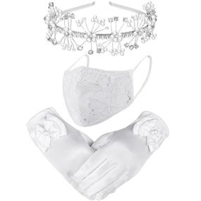 img 4 attached to 🧤 Vicpen First Holy Communion Satin Princess Gloves, Lace Dustproof Face Mask, and Pearl Headband Floral Hair Accessory Set