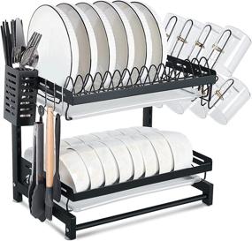 img 4 attached to InPoTo 2-Tier Stainless Steel Large Dish Drying Rack and Drainboard Set with Utensil Holder, Cup Holder, and Dish Drainer for Kitchen Countertop