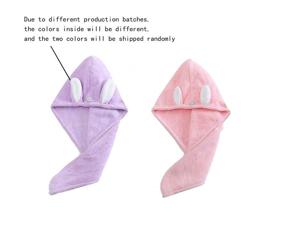 img 1 attached to 🐰 Flycheers Hair Towel Wrap: Rabbit Ears Turban 2 Pack, Super Absorbent Microfibre Hair Towel for Quick Drying, Pink+Purple, Button Closure, Dry Hair Hat, Wrapped Bath Cap