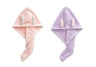 🐰 flycheers hair towel wrap: rabbit ears turban 2 pack, super absorbent microfibre hair towel for quick drying, pink+purple, button closure, dry hair hat, wrapped bath cap logo