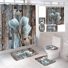 img 4 attached to 🌷 Vintage Wooden Floral Tulip Flower Bathroom Sets: Shower Curtains, Rugs, and Accessories with Non-Slip Rugs, Toilet Lid Cover, and Bath Mat