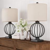 🏮 set of 2 wrought iron open cage orb lights for home table lamps - includes bulbs and shades - modern rustic decor with lavish appeal - dimensions 13” l x 13” w x 26” h - matte black finish with natural linen shades logo