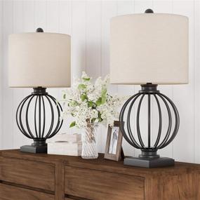 img 4 attached to 🏮 Set of 2 Wrought Iron Open Cage Orb Lights for Home Table Lamps - Includes Bulbs and Shades - Modern Rustic Decor with Lavish Appeal - Dimensions 13” L x 13” W x 26” H - Matte Black Finish with Natural Linen Shades