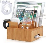 🔌 bamboo charge station organizer by pezin & hulin - desktop docking station for multiple devices (smartphone, tablet, smart watch & earbuds) - includes 5 cables, no charger hub logo