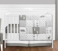 🦌 sweet jojo designs' 4-piece woodsy deer baby crib bedding set: gender-neutral grey and white décor logo
