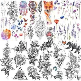 img 4 attached to 🌸 Stunning COKTAK 6-Piece 3D Flower Rose Temporary Tattoos: Sexy Body Art with Lavender Black Geometric Watercolor Tattoo for Women & Girls