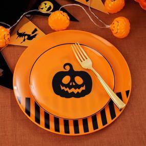 img 3 attached to 🦃 150PCS Thanksgiving Pumpkin Plastic Plates - Pumpkin Party Plates Set with 25 Orange and Black Plastic Plates, Orange Cups, and Gold Plastic Cutlery - Perfect Thanksgiving Party Supplies