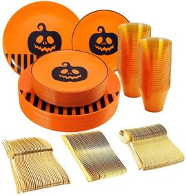 img 4 attached to 🦃 150PCS Thanksgiving Pumpkin Plastic Plates - Pumpkin Party Plates Set with 25 Orange and Black Plastic Plates, Orange Cups, and Gold Plastic Cutlery - Perfect Thanksgiving Party Supplies