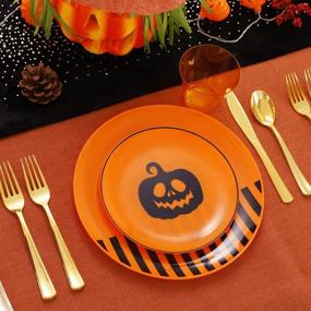 img 1 attached to 🦃 150PCS Thanksgiving Pumpkin Plastic Plates - Pumpkin Party Plates Set with 25 Orange and Black Plastic Plates, Orange Cups, and Gold Plastic Cutlery - Perfect Thanksgiving Party Supplies