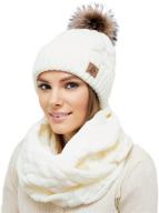 cute warm winter knit pom beanie hat and infinity scarf set for women with soft and cozy scarves logo