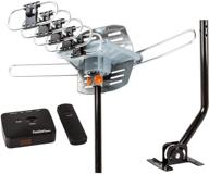 📡 high-definition outdoor tv antenna - powerful 150 mile long range with 360 degree motorized rotation, uhf/vhf/fm radio, infrared remote control, mounting pole & 40ft rg6 coax cable - supports dual tvs logo