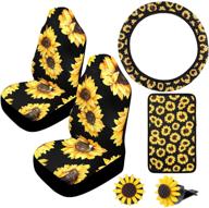 🌻 premium universal sunflower car accessories set: front seat covers, steering wheel cover, vent decor, console armrest pad (black & yellow) logo