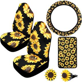 img 4 attached to 🌻 Premium Universal Sunflower Car Accessories Set: Front Seat Covers, Steering Wheel Cover, Vent Decor, Console Armrest Pad (Black & Yellow)
