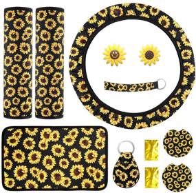 img 4 attached to 🌻 Set of 10 Sunflower Car Accessories: Sunflower Steering Wheel Cover, Seat Belt Covers, Coasters, Keyrings, Console Pad Cover, Car Vent Decorations