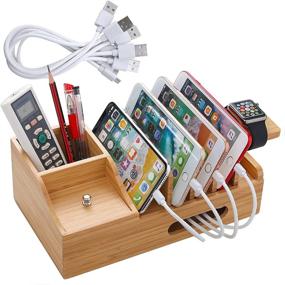 img 4 attached to 🔌 Versatile Bamboo Charging Station with 5 Charge Cables, Watch Stand, and Wood Desk Organizer - Kindle, Cell Phone, and Tablet Compatible (No Charger HUB)