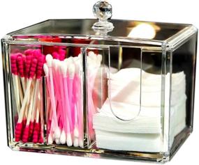 img 4 attached to Moochi Q-Tips Cotton Swab and Makeup Pads Holder with Lid - 🧼 Acrylic Organizer for Bathroom and Bedroom - 2 Trays for Sponge and Lipstick Container
