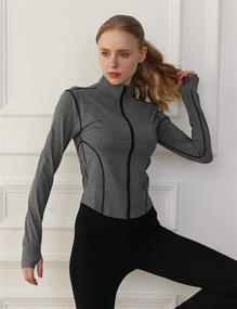 img 2 attached to Seamless Black Women's Running Track Jacket with Zipper and Thumbhole - Yeokou Active Sports Tops