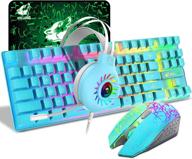 rechargeable wireless gaming keyboard and mouse set with ergonomic 87 key rainbow backlight, mechanical feel, and anti-ghosting - includes wired headphone and mousepad - perfect for pc, laptop, gamers, and typists (blue rgb) logo