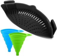 silicone snap strainer with collapsible funnels - hands-free clip-on heat resistant colander pour for pasta, vegetables, noodles, pots, bowls, pans - black logo